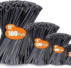 Zip Ties Assorted Sizes(4”+6”+8”+12”), 400 Pack, Black Cable Ties, UV Resistant Wire Ties by ANOSON